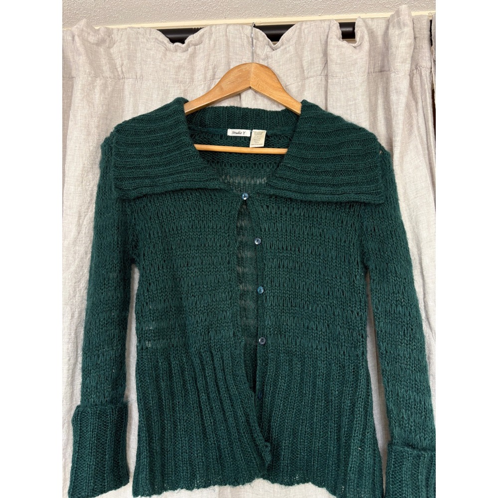 Studio Y Cardigan Sweater Womens Large Green Excellent Mohair Blend Open Knit